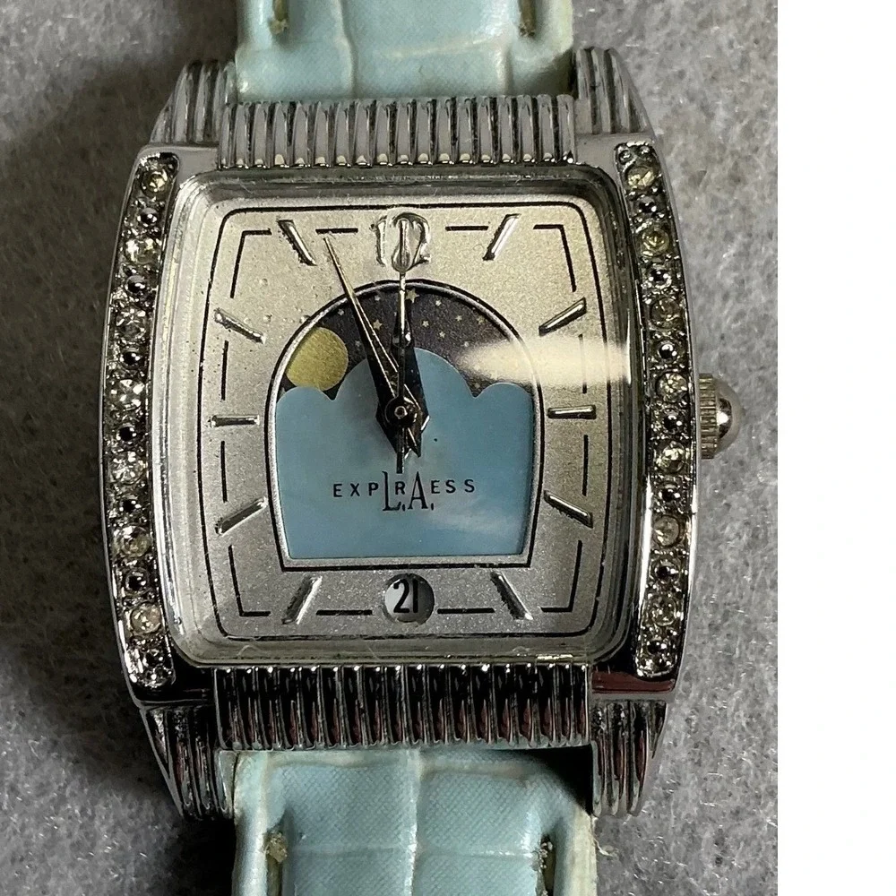 Express LA Womens Moon Phase Watch Blue Strap Rhinestone Square Face Untested